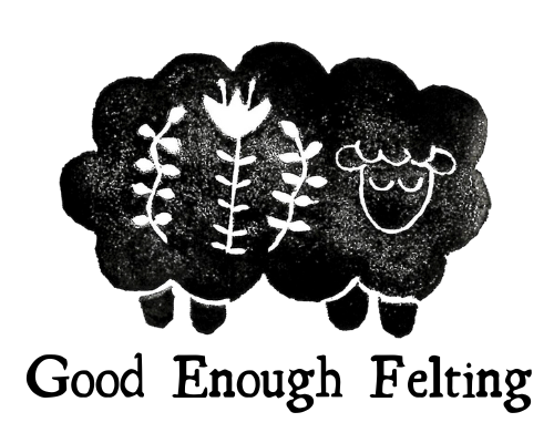 Black and white logo with floral designs and 'Good Enough Felting' text on a white background